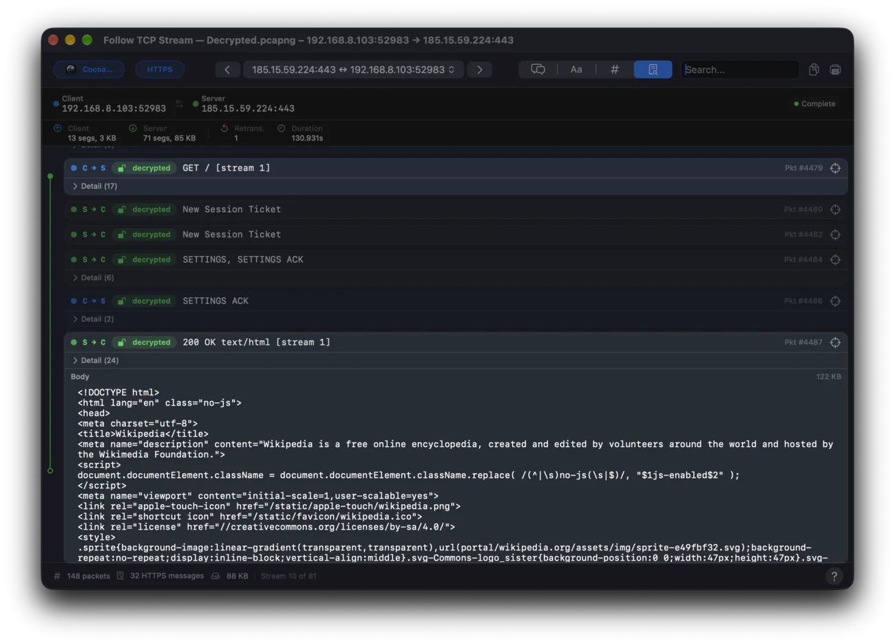 Follow TCP Stream on a decrypted HTTP/2 connection: the GET request to www.wikipedia.org and its 200 OK reply with the HTML body in readable text