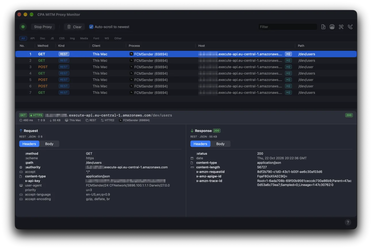 The proxy monitor listing an app’s API requests, one GET selected with its request and response headers
